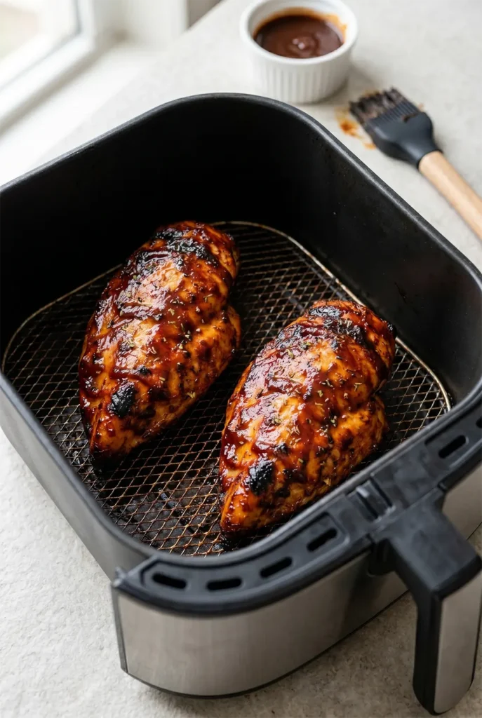 Close-up of air fryer BBQ chicken breast showing juicy sliced interior, set glaze, and golden-browned edges