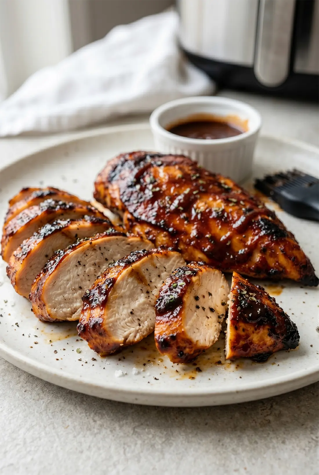 Air fryer BBQ chicken breast sliced with a tacky BBQ glaze, lightly browned edges, and extra sauce on a ceramic plate