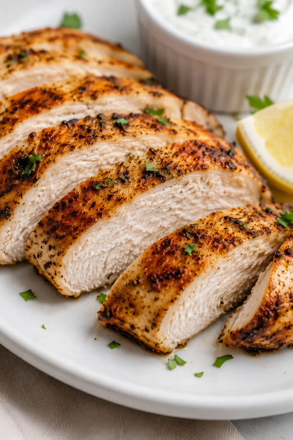 Close-up of air fryer yogurt chicken breast showing juicy interior and browned edges.