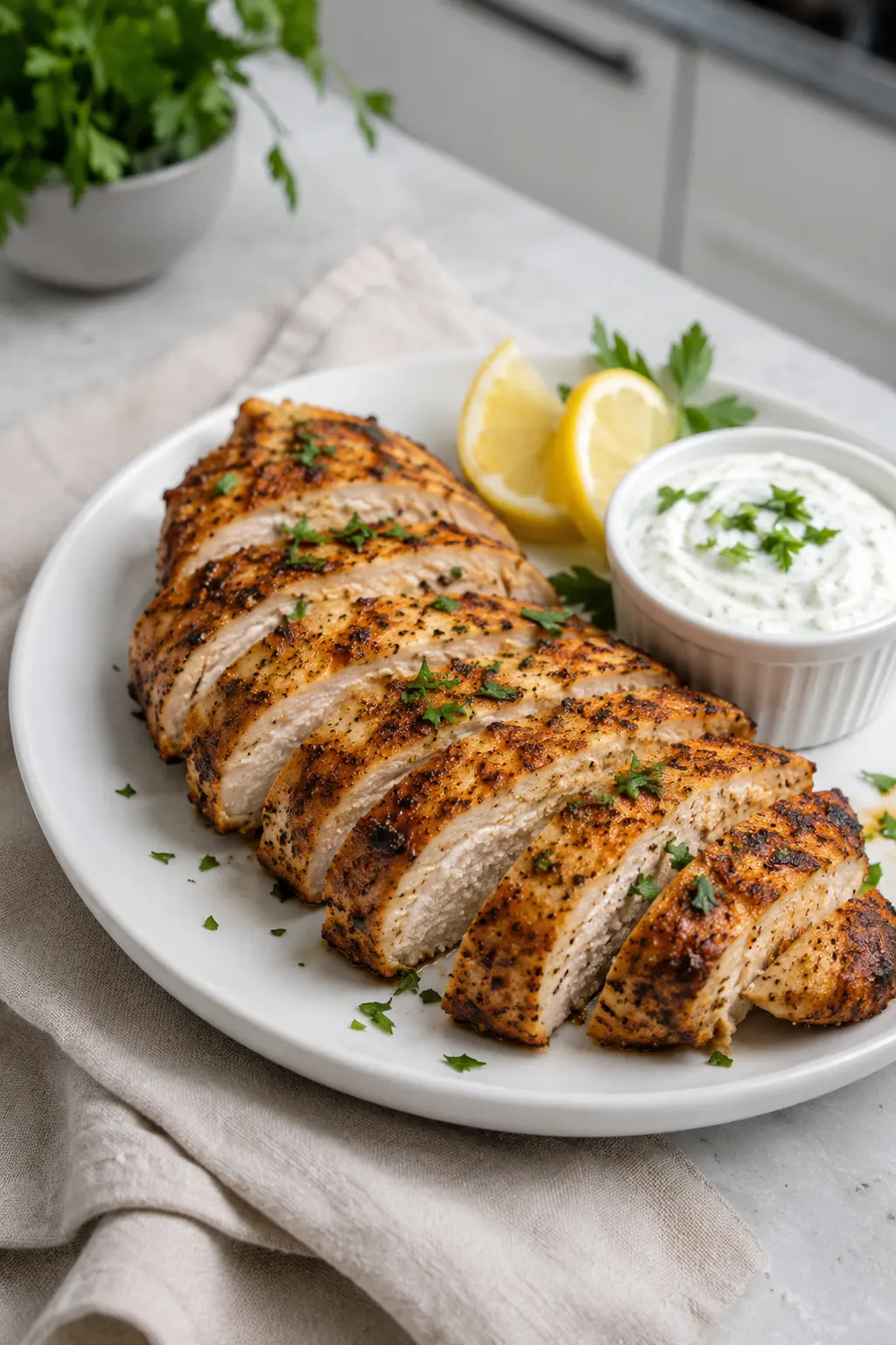 Air fryer chicken breast with Greek yogurt, lightly browned and sliced with lemon wedges and parsley.