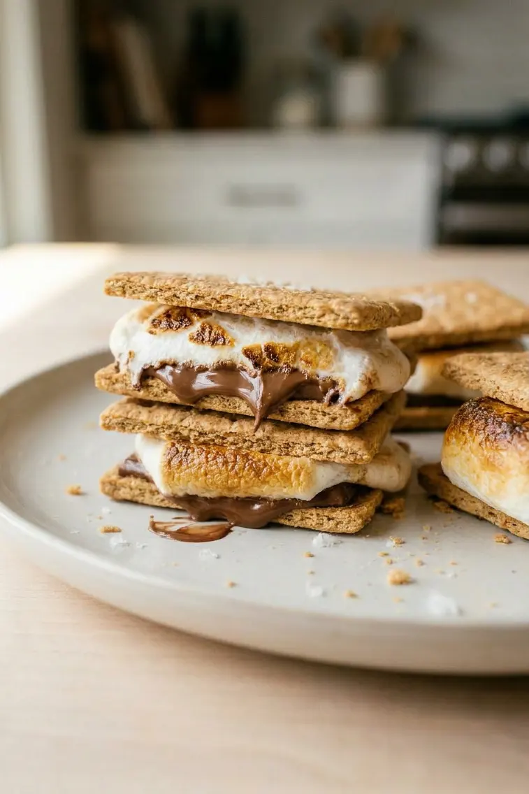 Stack of assembled air fryer s'mores showing browned marshmallow edges and gooey melted chocolate oozing between graham cracker layers