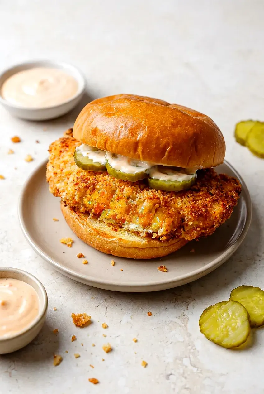 Air fryer chicken breast sandwich with crisp golden panko-Parmesan cutlet on toasted brioche, sriracha mayo and dill pickles.