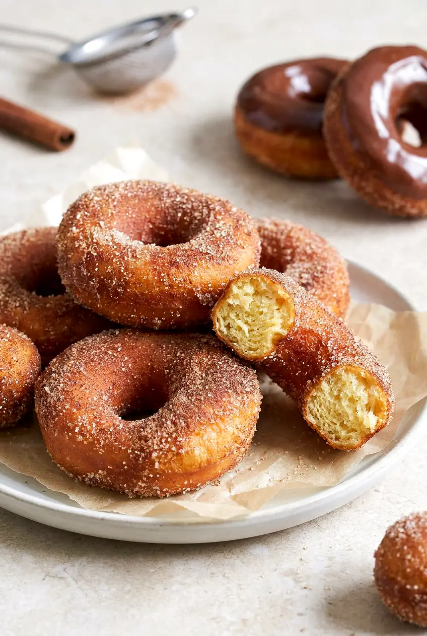 Plated Air Fryer cinnamon sugar donuts and holes, golden with a light sugar coating; one donut cut to show tender center.