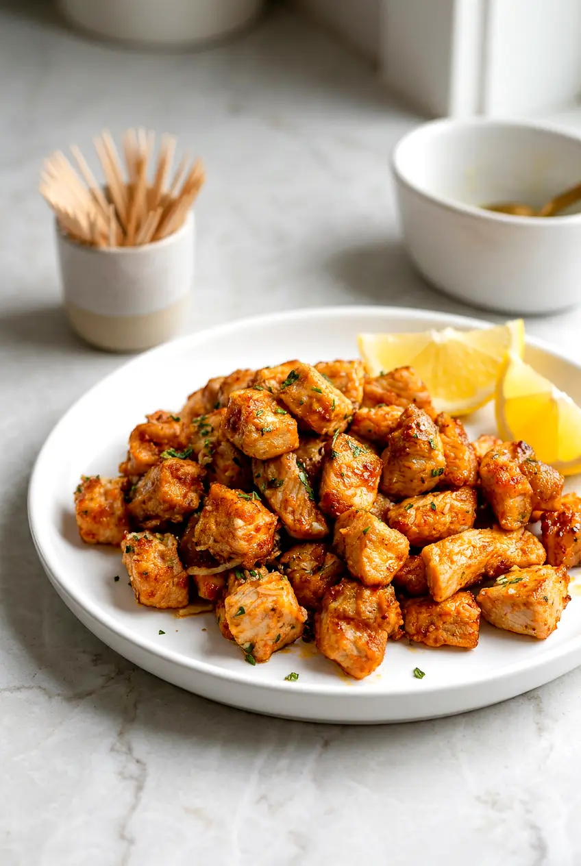 Air Fryer Pork Chop Bites on a white plate, browned with crisp edges, butter-glossed, light parsley, lemon wedges on the side.