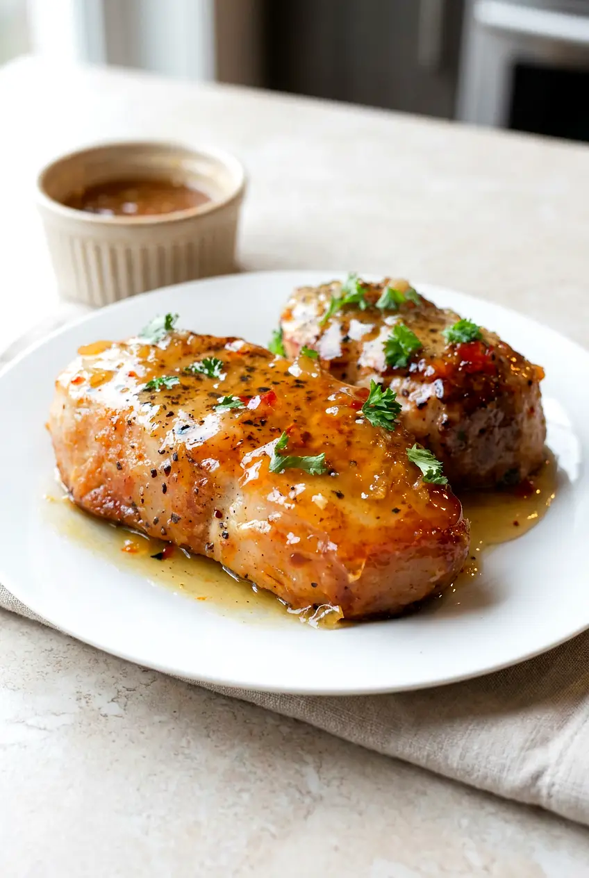 Honey Garlic Air Fryer Pork Chops on a white plate, browned with a glossy sweet chili–garlic glaze and light sauce pooling.