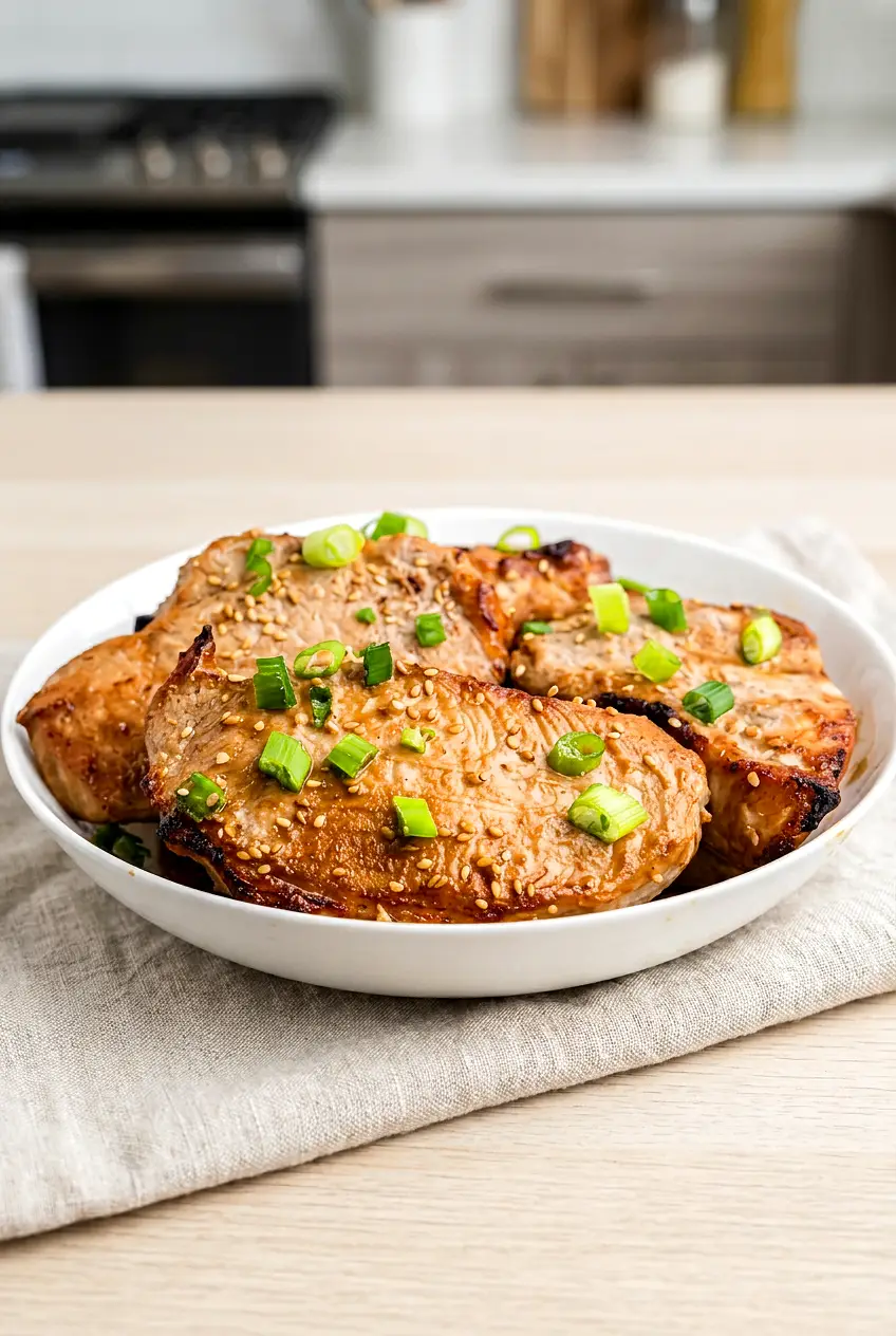 Air Fryer Teriyaki Pork Chops in a white bowl, glossy glaze with sesame seeds and sliced green onions, browned edges, juicy.