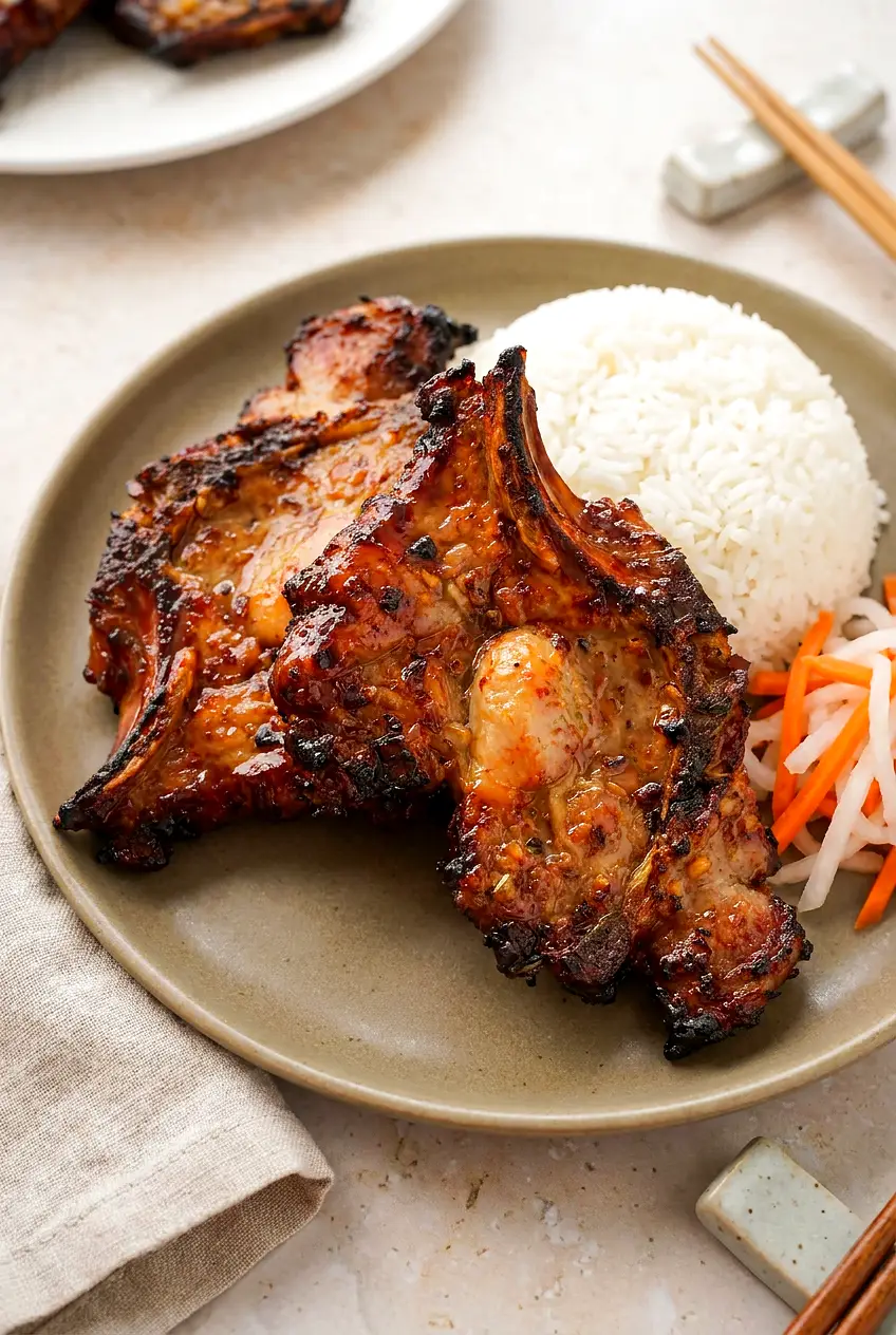 Air Fryer Vietnamese pork chops, browned and glossy with lemongrass, served with jasmine rice and pickled carrots-daikon.
