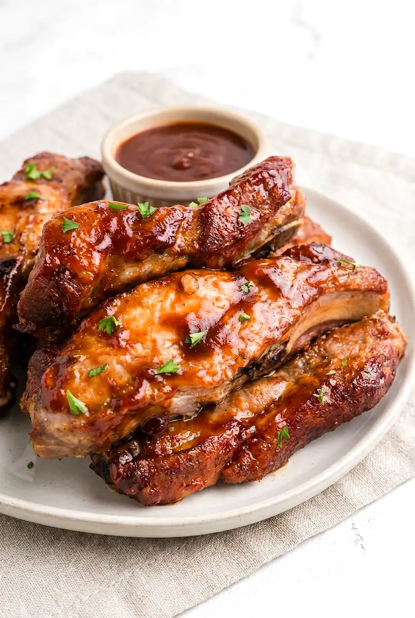 Plated air fryer country-style ribs with browned edges and glossy BBQ glaze on a light ceramic plate, plus a small cup of sauce.