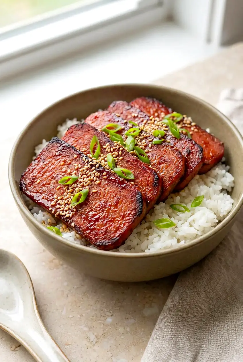 Air Fryer Spam slices over white rice with brown sugar and soy glaze, deep golden edges, sesame seeds, and green onions.