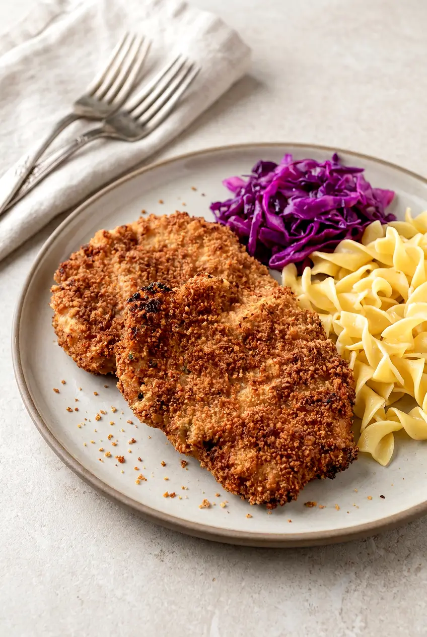 Air fryer pork cutlets on a plate with buttered egg noodles and red cabbage sauerkraut, golden-brown and crisp.