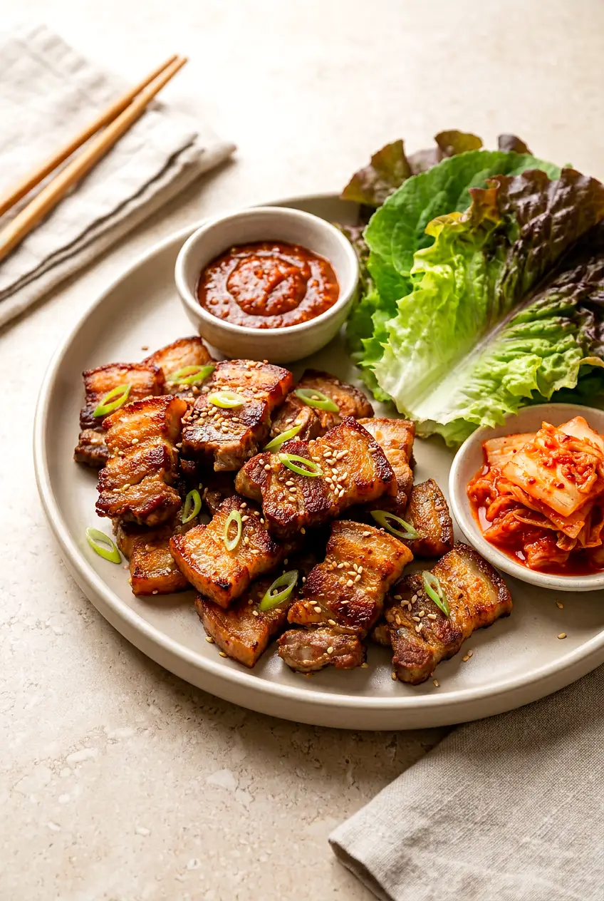 Air Fryer Korean pork belly bites with lettuce, ssamjang and kimchi; golden-brown with blistered fat, crisp edges, scallions.