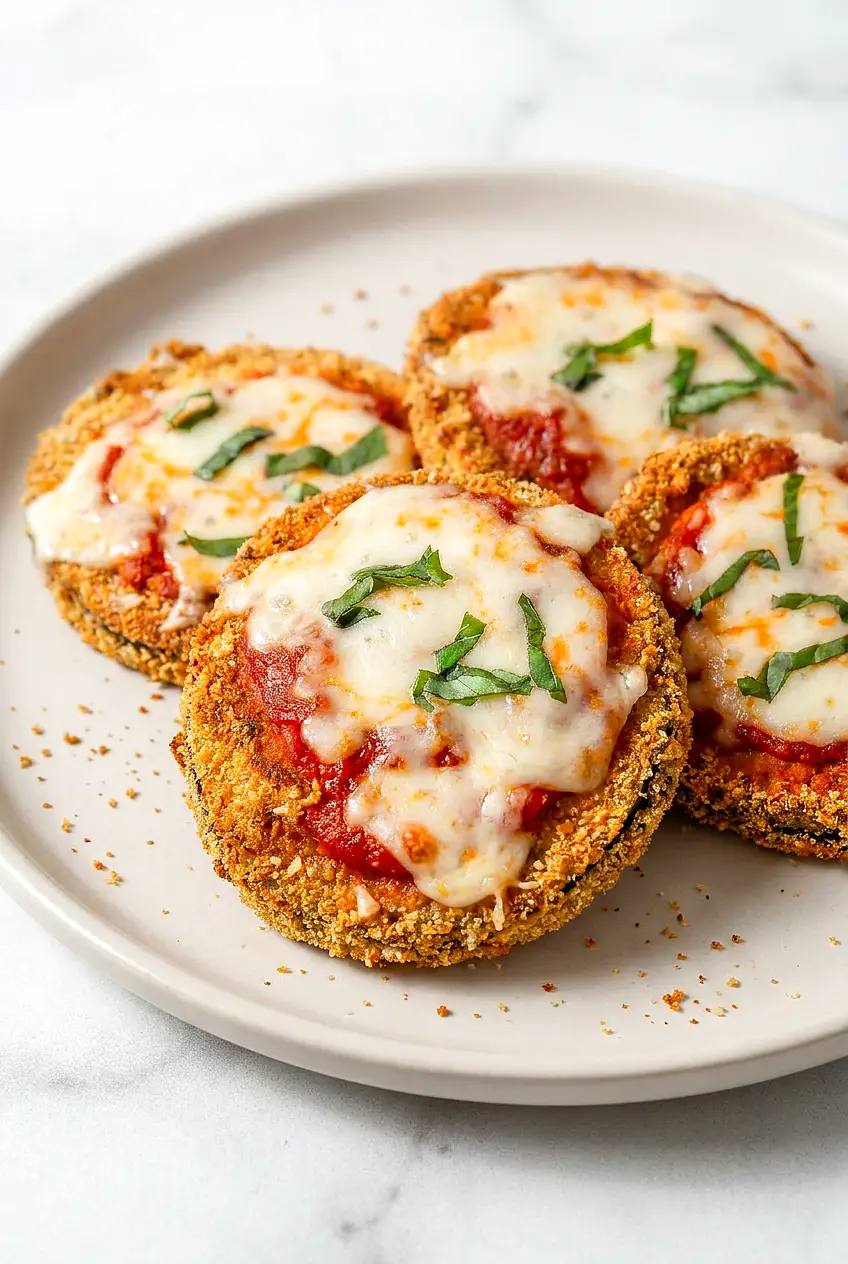 Air Fryer Eggplant Parmesan on a plate with melted mozzarella, thick marinara center, crisp golden edges, finished with fresh basil.