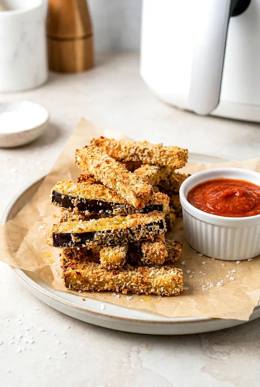 Air Fryer Eggplant Fries stacked on parchment with marinara; golden panko-Parmesan crust and crisp edges