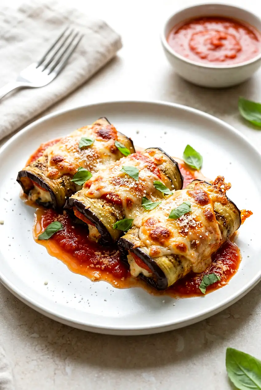 Air Fryer Eggplant Rollatini on a white plate with marinara, melted browned mozzarella, basil garnish, and sauce pooling around the rolled slices.