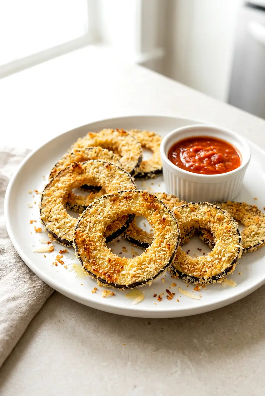 Air Fryer Eggplant Rings on a white plate with a small bowl of marinara; golden panko-Parmesan crust, crisp edges, tender centers.