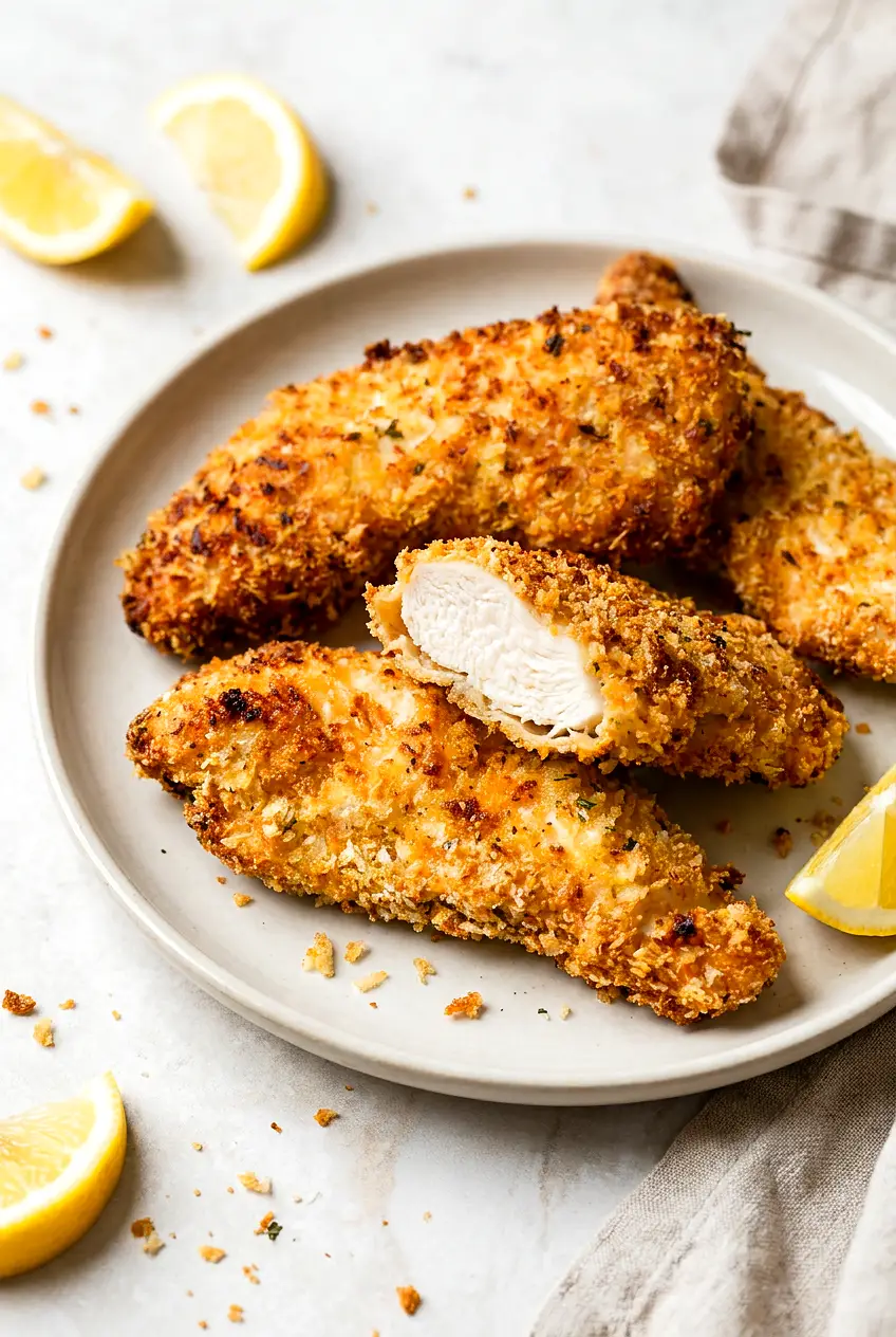 Crispy Air Fryer Chicken Tenders on a plate with lemon wedges, deep golden crust and one sliced piece showing juicy white meat.