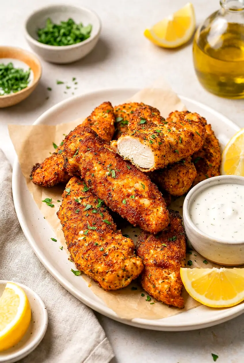 Air fryer chicken tenders without breading on a platter, lightly crisp with browned edges, parsley sprinkled, lemon wedges alongside.
