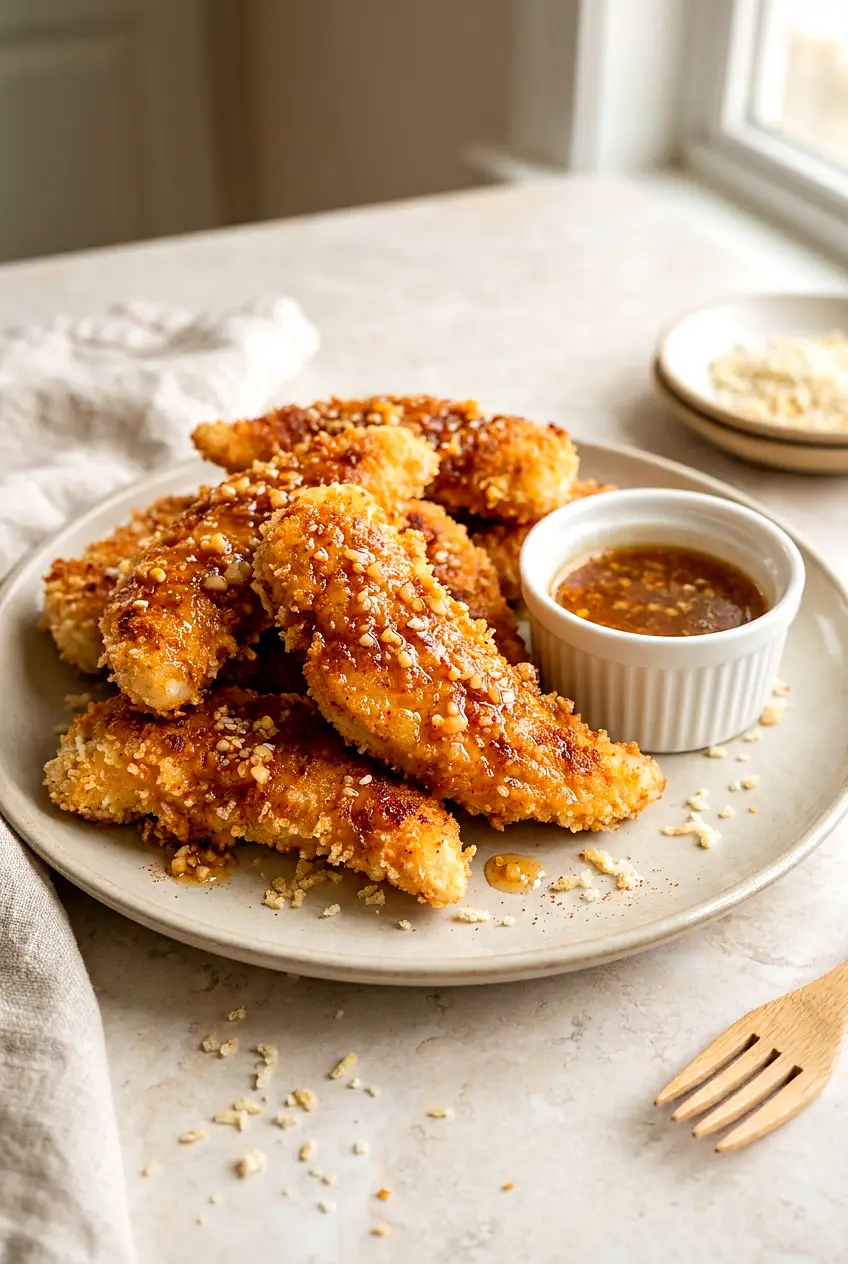 Air Fryer Honey Butter Garlic Chicken Tenders, golden panko-crisp on a plate with glossy honey-garlic butter and a dipping ramekin.