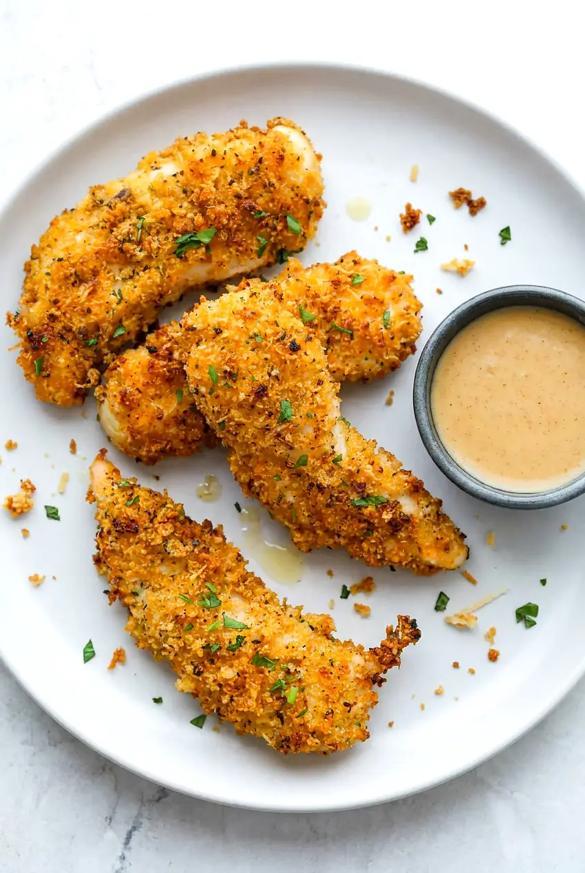 Overhead plate of air fryer Parmesan crusted chicken tenders with golden panko crust and honey mustard dip.