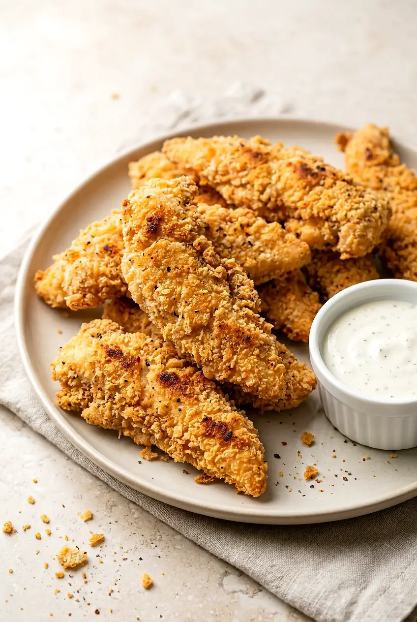 Air Fryer Ranch Chicken Tenders on a plate, golden and crisp, with a small ramekin of ranch dip.