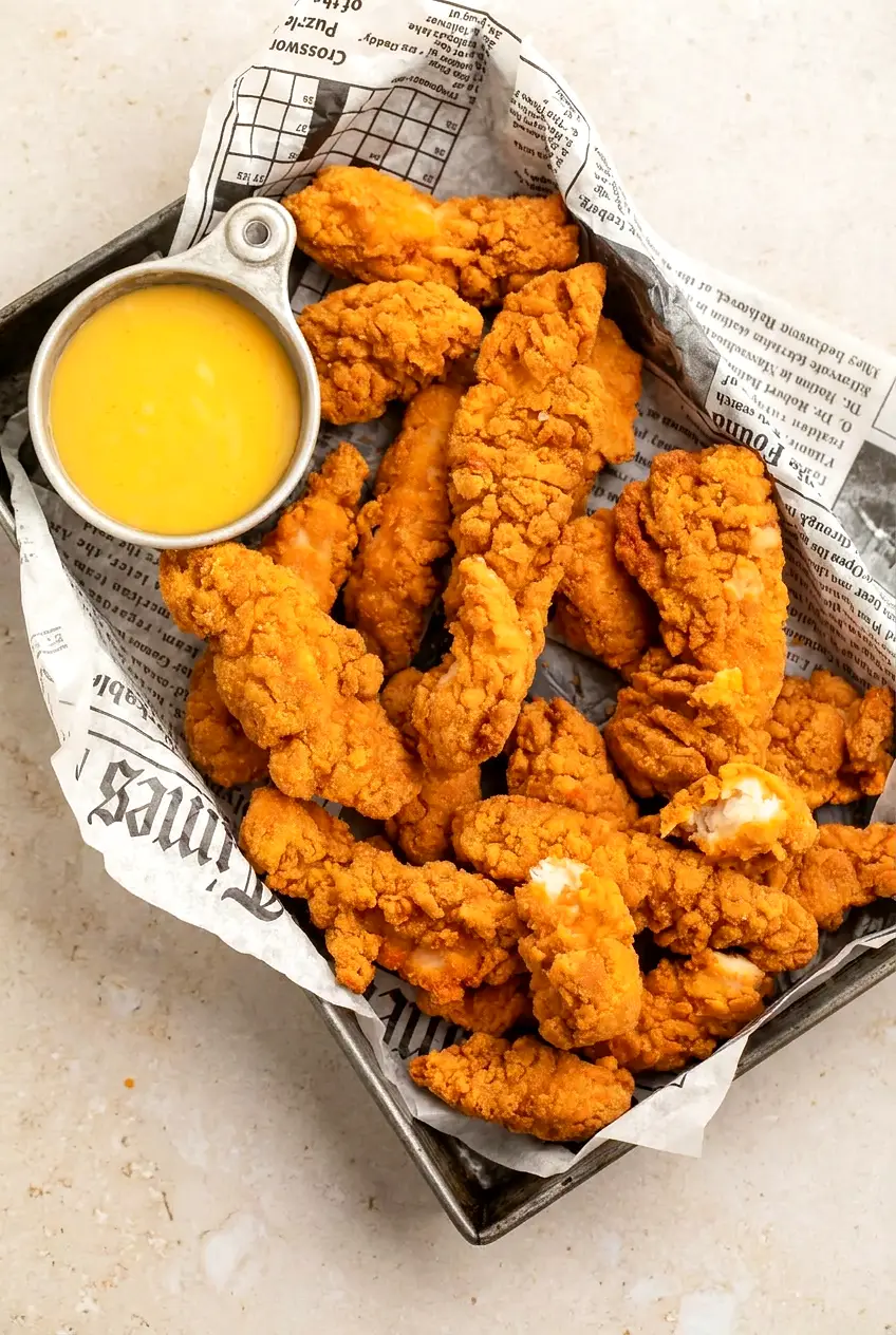 Overhead pan lined with newsprint parchment holding golden air fryer frozen chicken tenders with a small bowl of honey mustard.