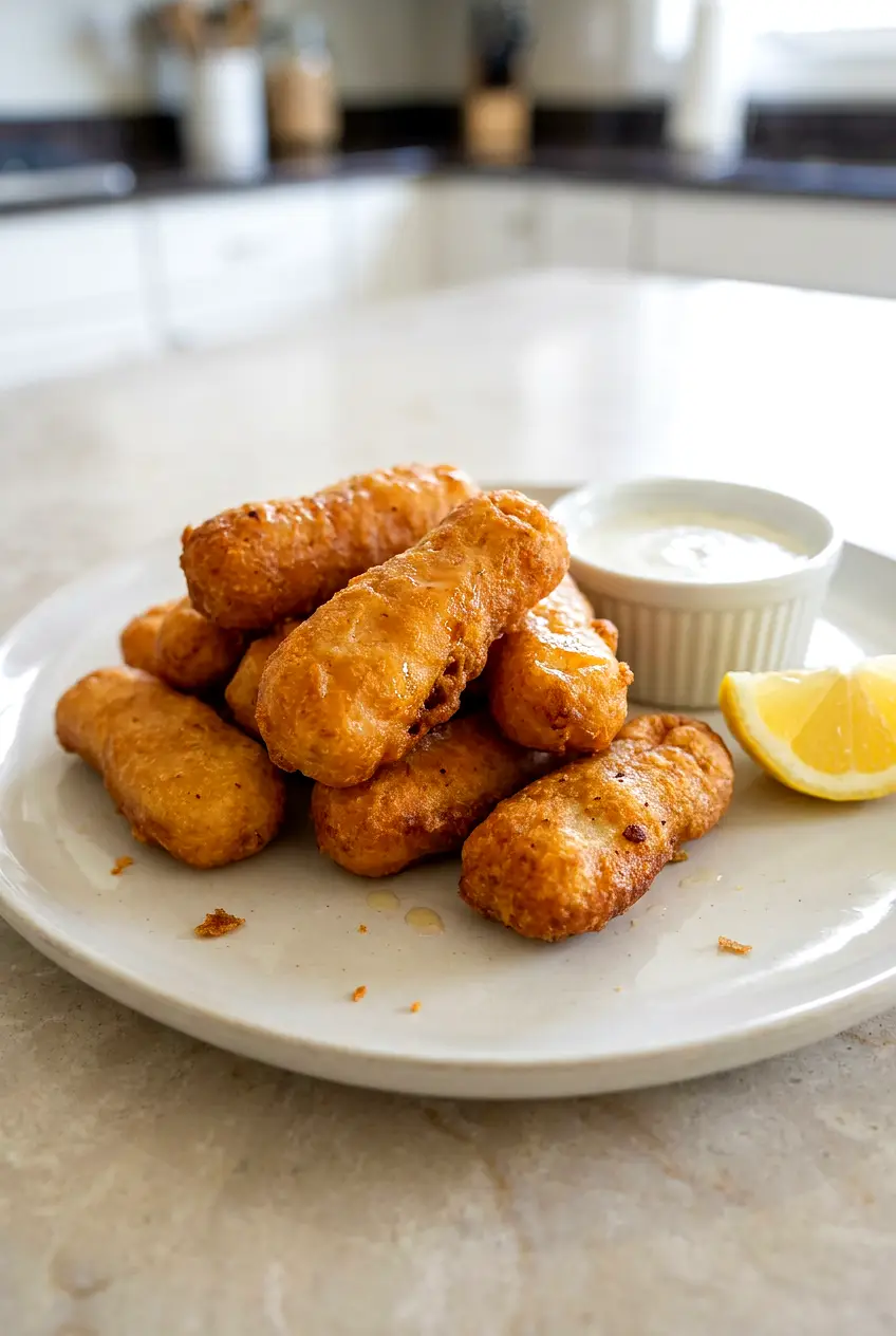 Air fryer honey-battered chicken tenders on a white plate, golden and crisp, served with ranch dip and a lemon wedge.