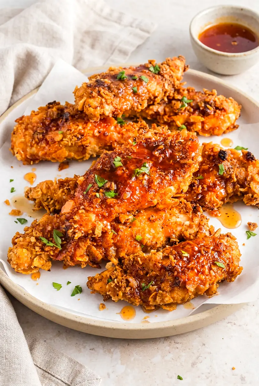 Air fryer hot honey chicken tenders piled on a plate, golden cornflake-crisp and drizzled with glossy hot honey.