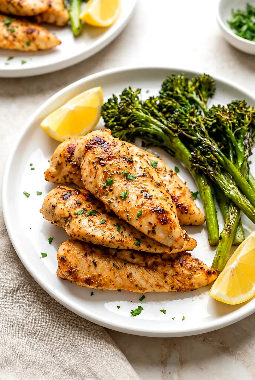 Air fryer grilled chicken tenders on a white plate with roasted broccolini and lemon wedges, lightly browned with parsley.