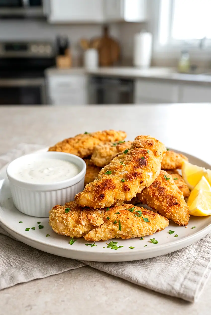 Air fryer keto chicken tenders with almond flour–Parmesan crust, golden and lightly crisp, served with sugar-free ranch.
