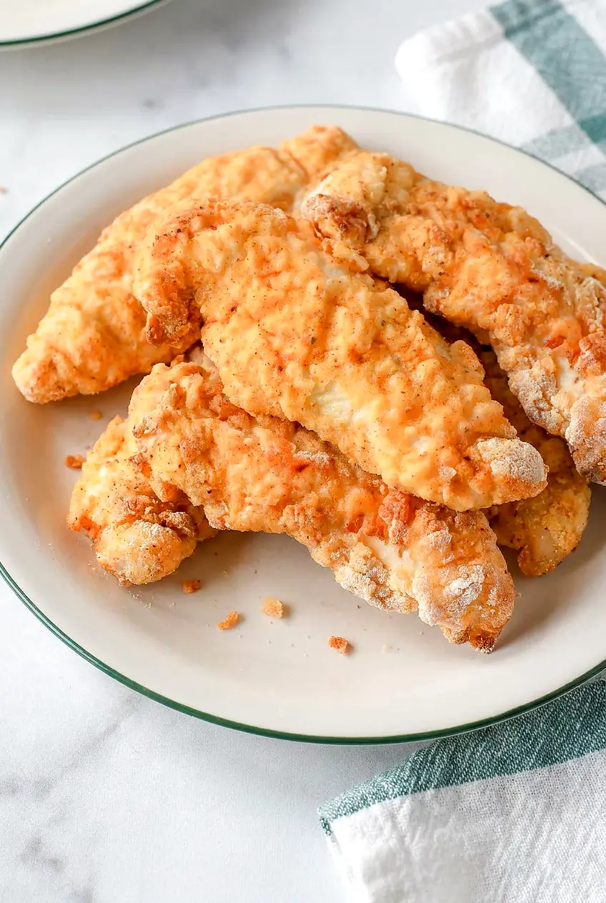 Air fryer Chick-fil-A chicken tenders on a white and green plate, golden with crisp edges, set beside a white and green dish towel.