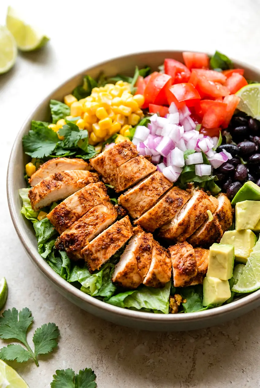 Air Fryer Taco Seasoned Chicken Tenders on taco salad with corn, black beans, tomato, avocado; browned edges, juicy.