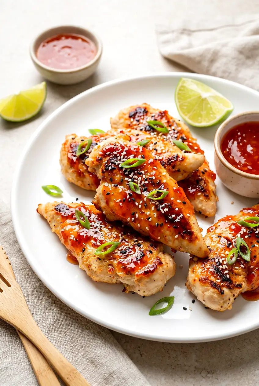 Air Fryer Sweet Chili Chicken Tenders on white plate, glossy glaze with sesame and green onion, lime wedge
