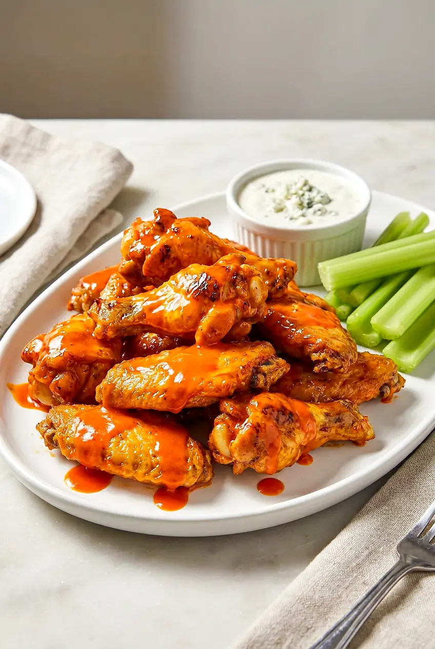 Plate of Air Fryer Buffalo chicken wings in glossy sauce with celery sticks; blistered, lightly crisp skin.