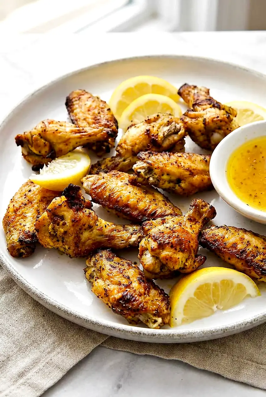 Crispy air fryer lemon pepper chicken wings on a platter with light lemon-butter-honey glaze and lemon wedges.