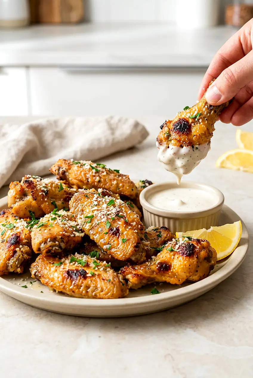 Garlic Parmesan air fryer chicken wings, crisp and glossy, on a platter with lemon wedges, ranch, and extra Parmesan.