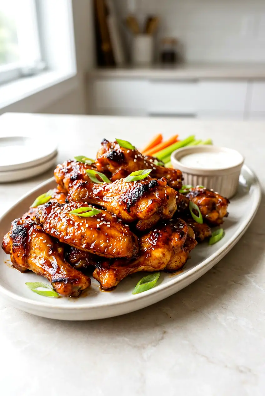 Plated Air Fryer Honey BBQ chicken wings with glossy glaze, blistered golden skin, and scallion garnish.