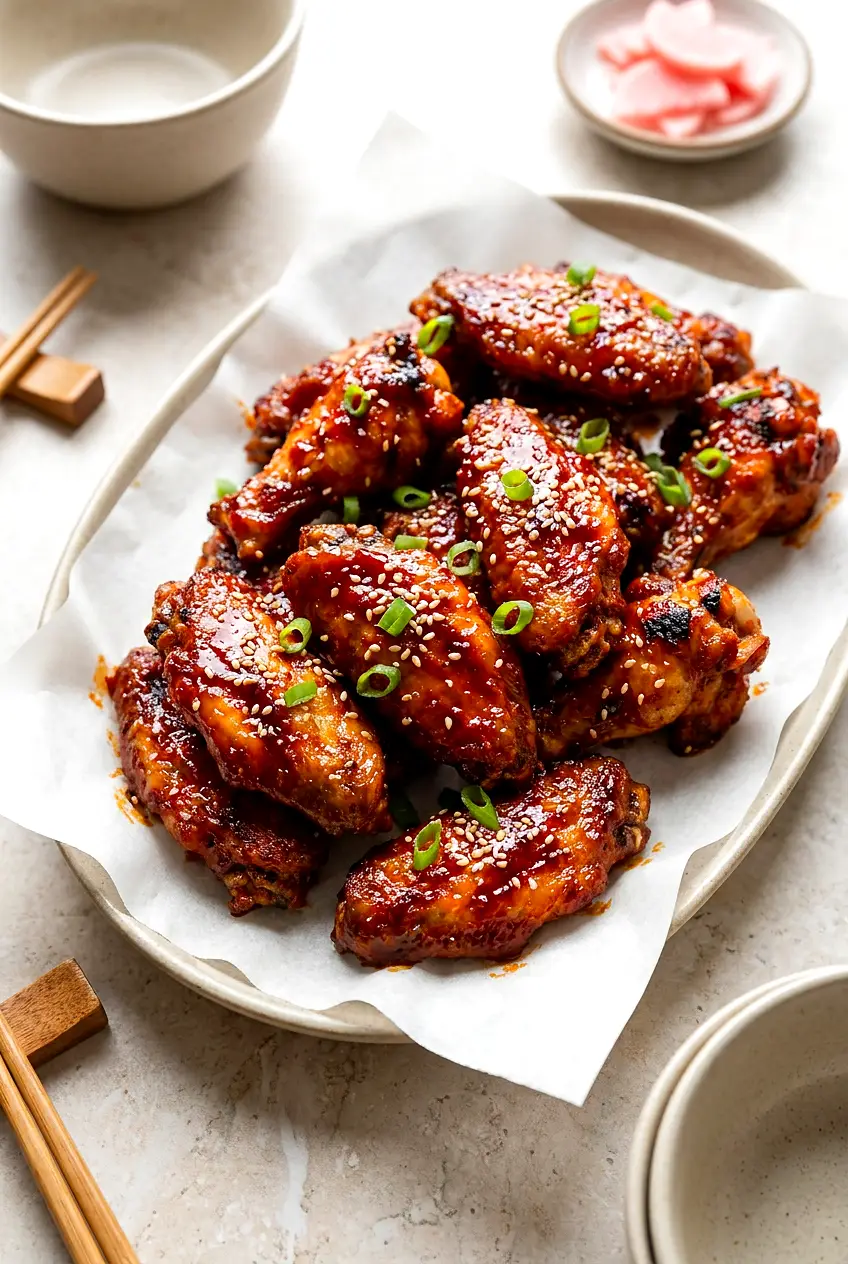 Platter of air fryer Korean chicken wings with glossy gochujang glaze, crisp skin, sesame seeds, and sliced green onions.