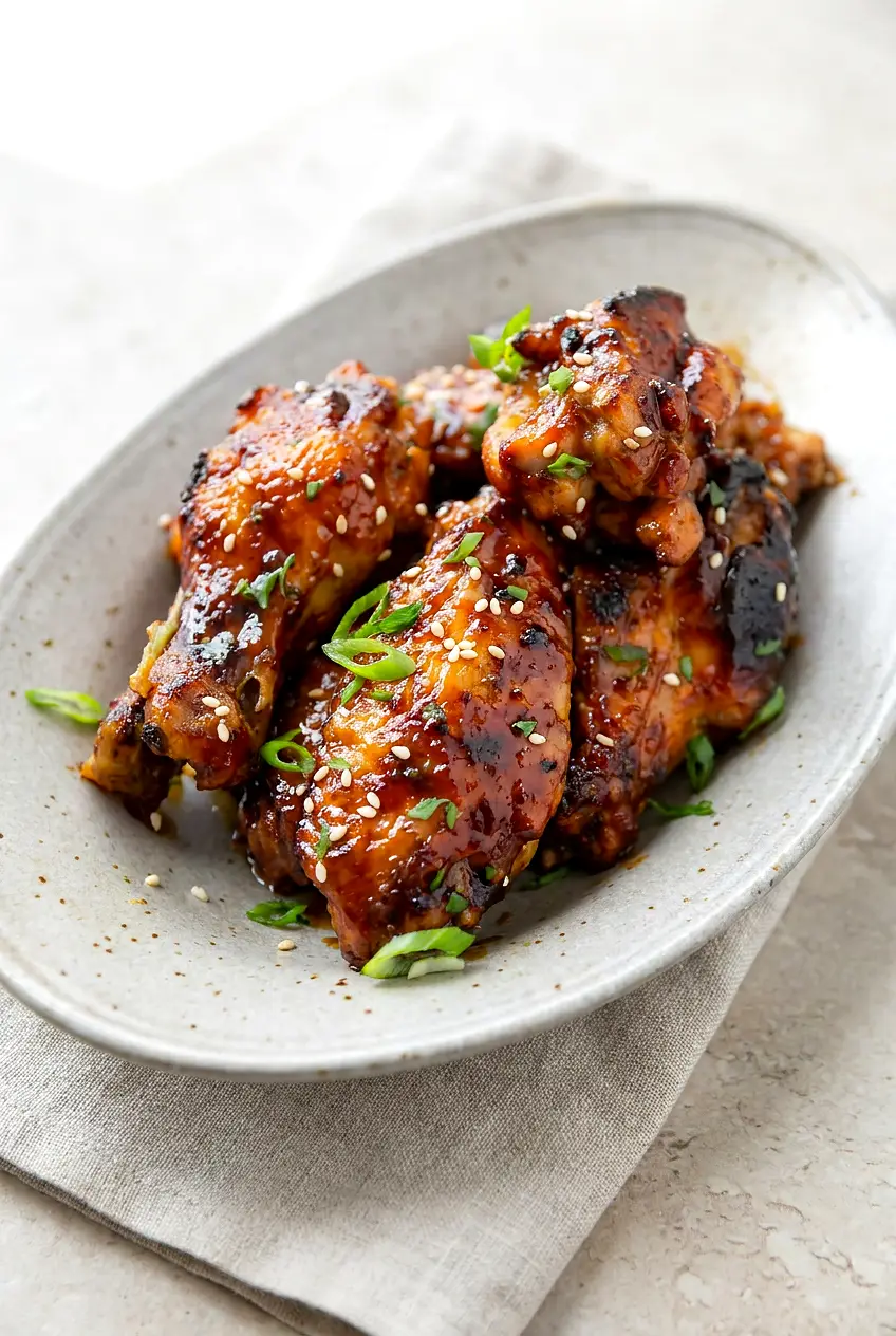 Crispy Air Fryer Teriyaki Chicken Wings on a ceramic platter with glossy glaze, sesame seeds, and green onions.