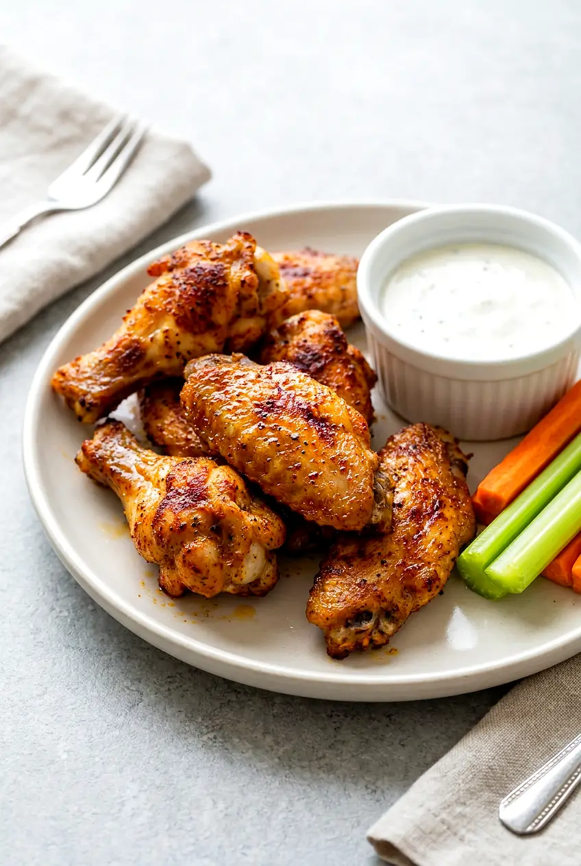 Crispy air fryer chicken wings with baking powder, dry-rubbed and golden, served with ranch plus celery and carrot sticks.