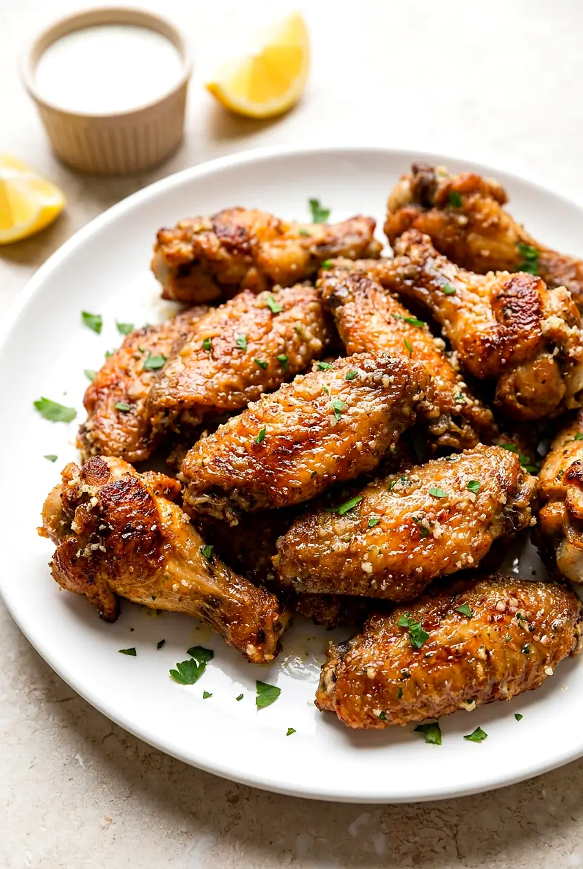 Garlic Parmesan air fryer wings piled on a white platter with parsley and finely grated cheese, golden and crisp with blistered skin.