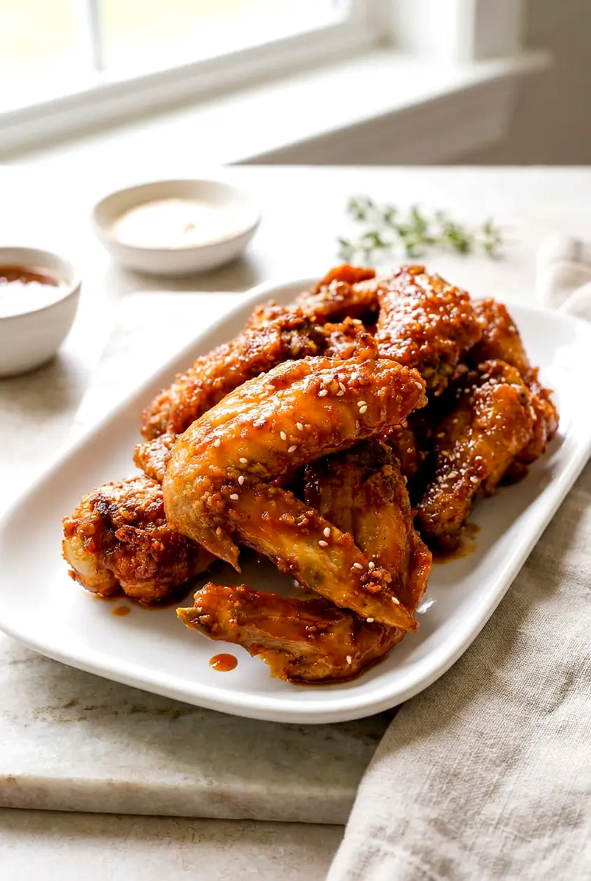 Air fryer honey garlic chicken wings on a white platter, glossy soy-honey glaze, golden crisp skin, sprinkled with toasted sesame seeds.