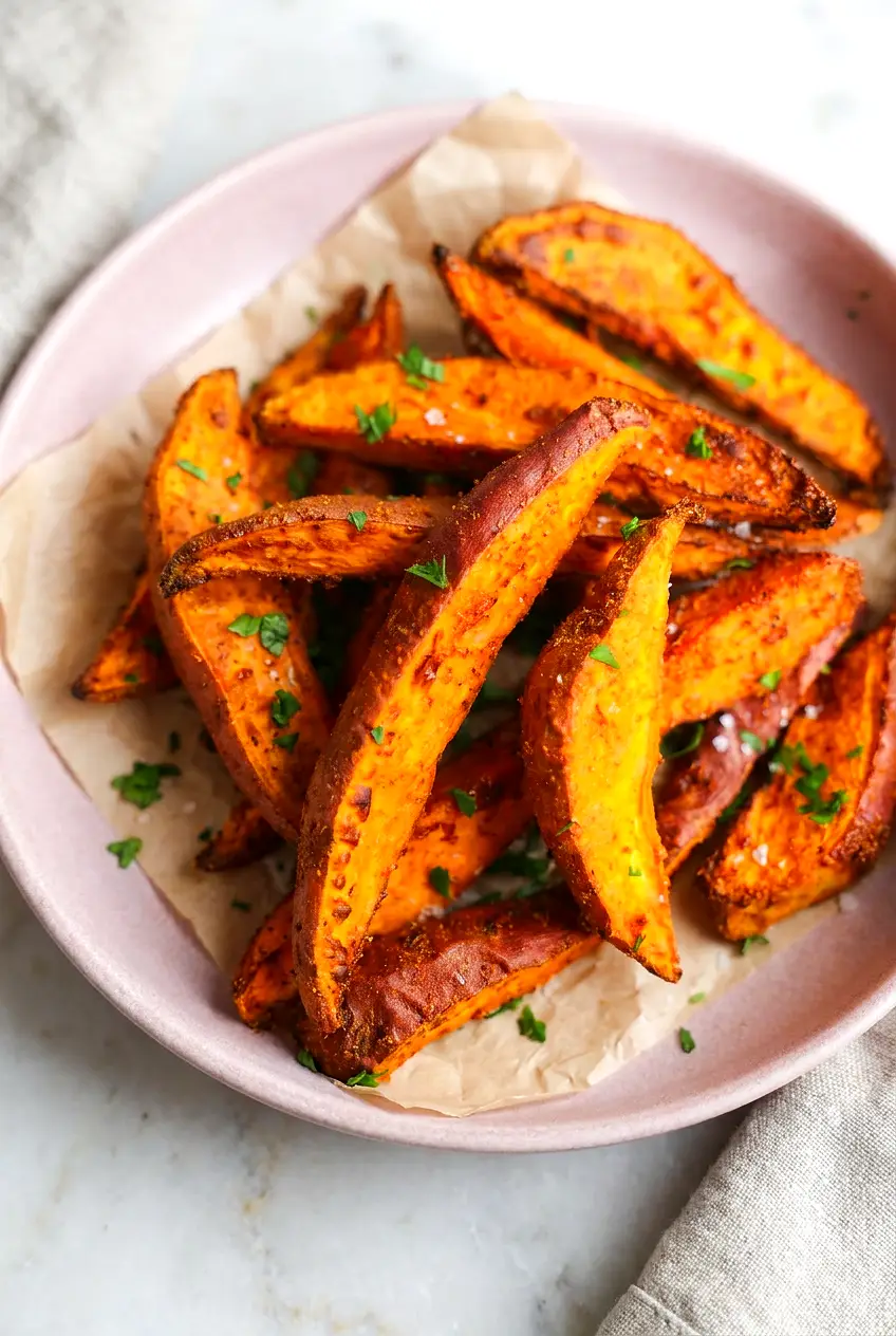 Air fryer sweet potato wedges on a pink plate with crisp browned edges and parsley