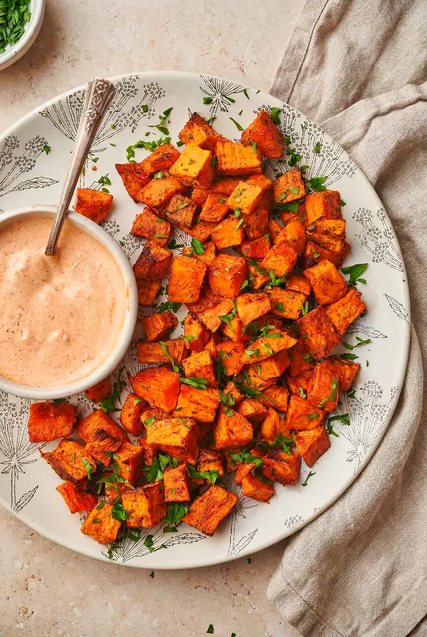 Air fryer sweet potato cubes on a white plate with parsley and a small dipping sauce, browned with lightly crisp edges.