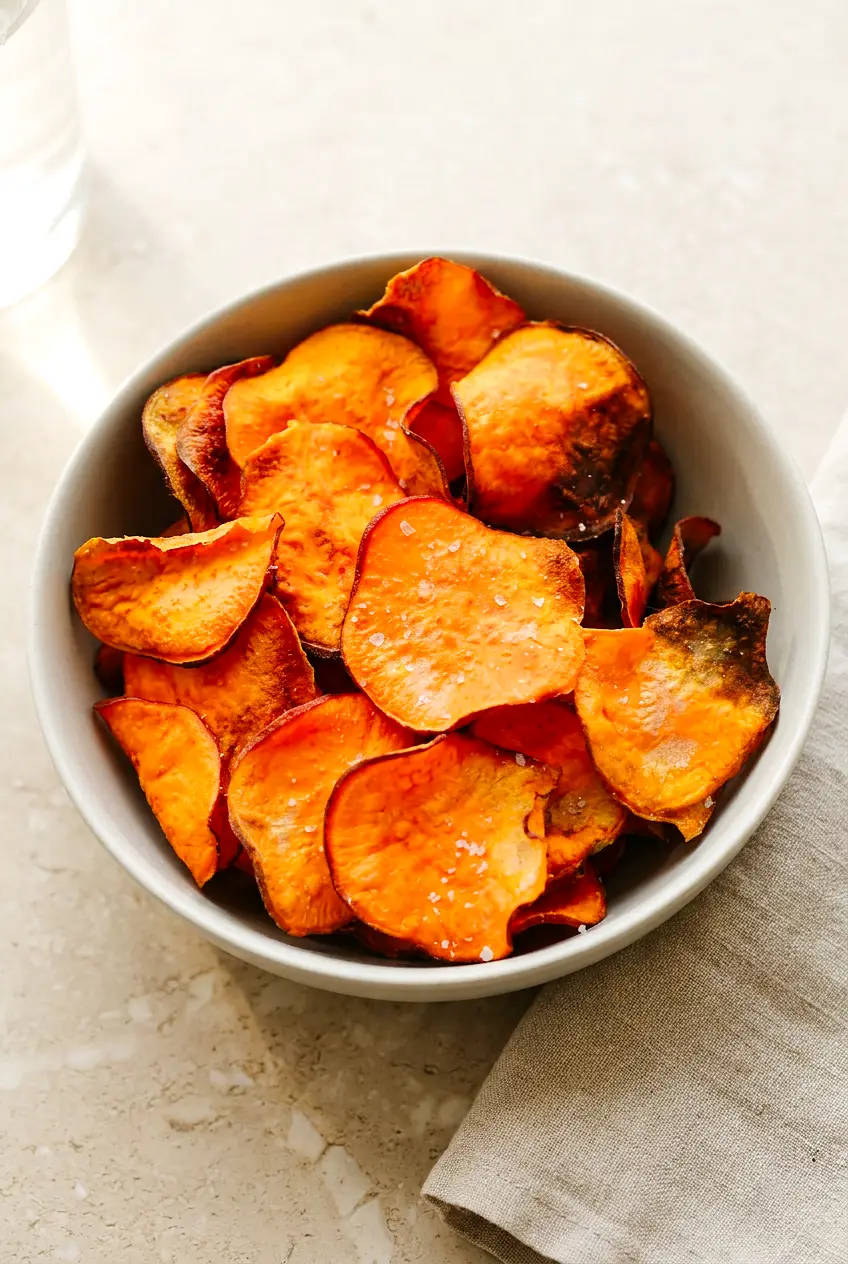 Bowl of crispy Air Fryer sweet potato chips with lightly browned, curled edges and a sprinkle of flaky salt.