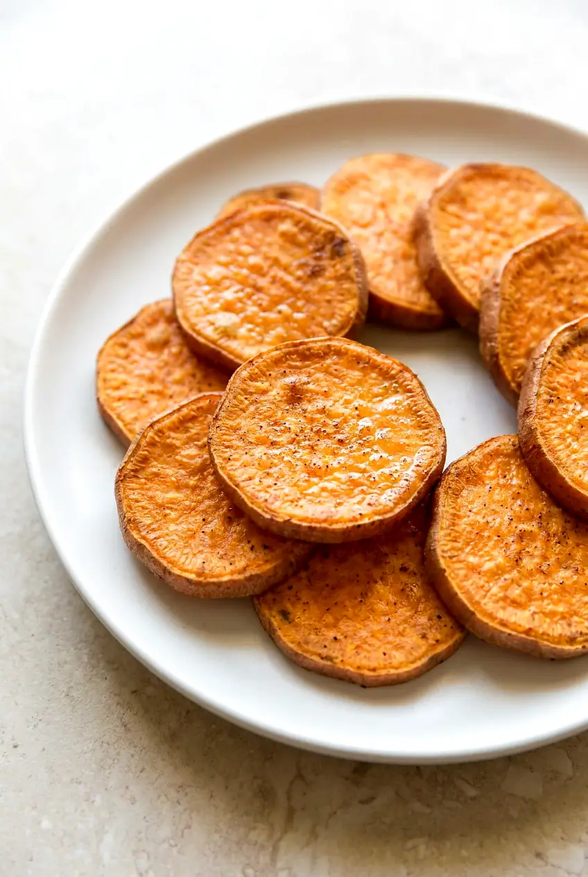 Air fryer sweet potato slices on a white plate, tender centers with lightly crisp browned edges and cinnamon-salt seasoning.