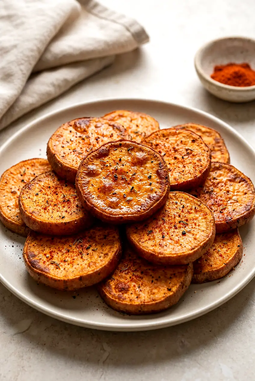 Plated air fryer sweet potato rounds with paprika and thyme, crisp browned edges and tender centers on a neutral ceramic plate.
