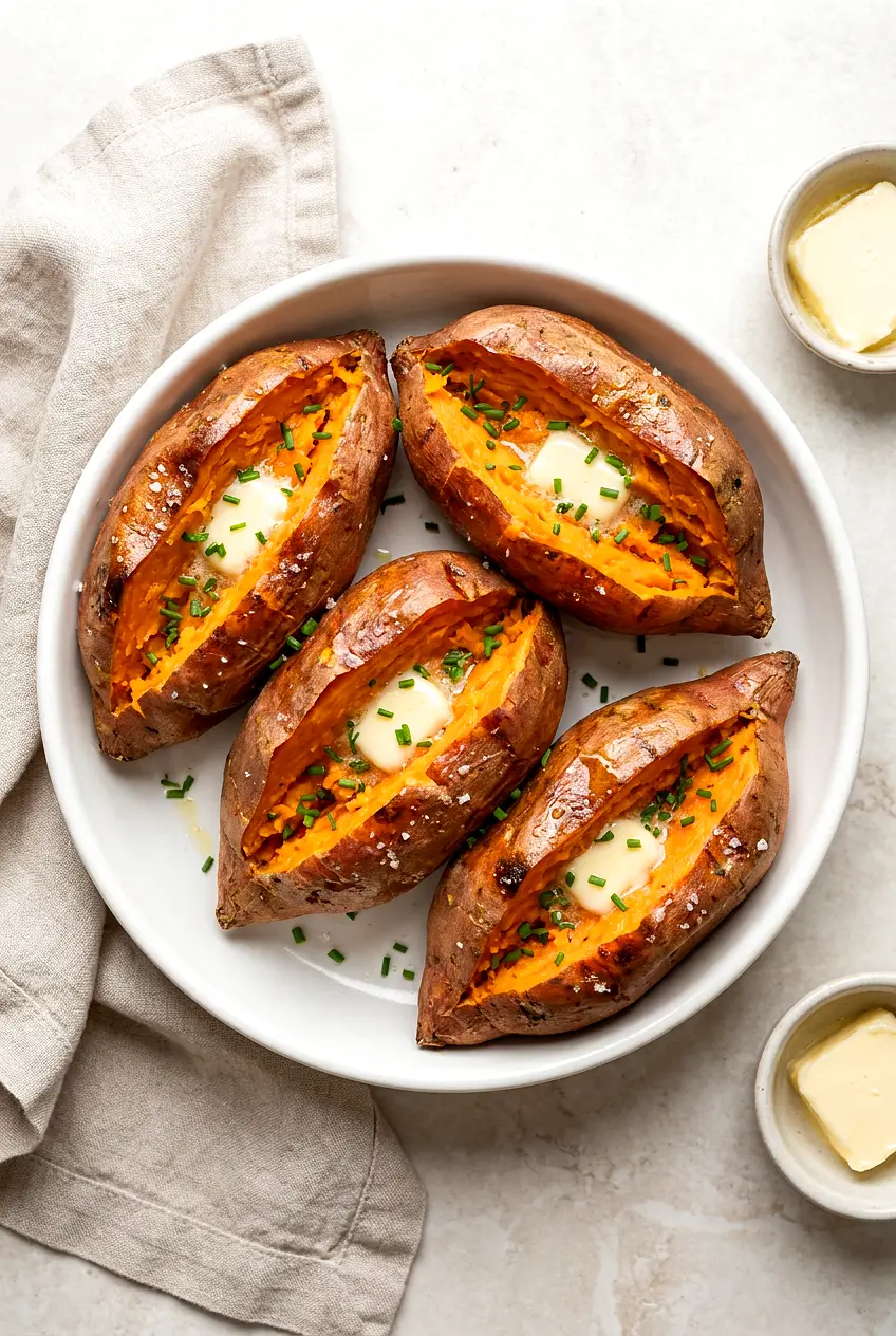 Air fryer whole sweet potatoes split open on a dish, fluffy orange centers with melting butter, lightly browned skin.