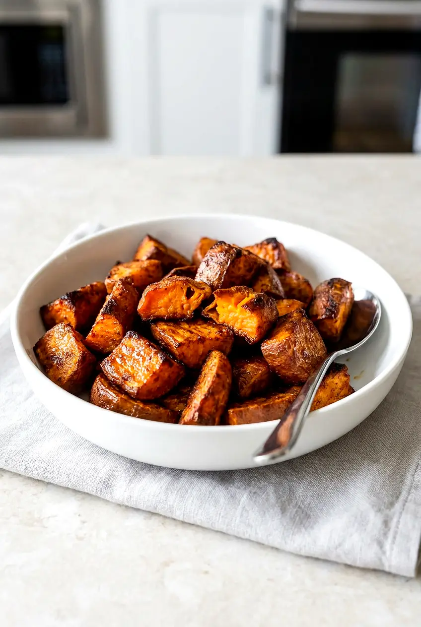 Air fryer cinnamon sweet potatoes in a white bowl with caramelized, glossy edges and tender orange centers.
