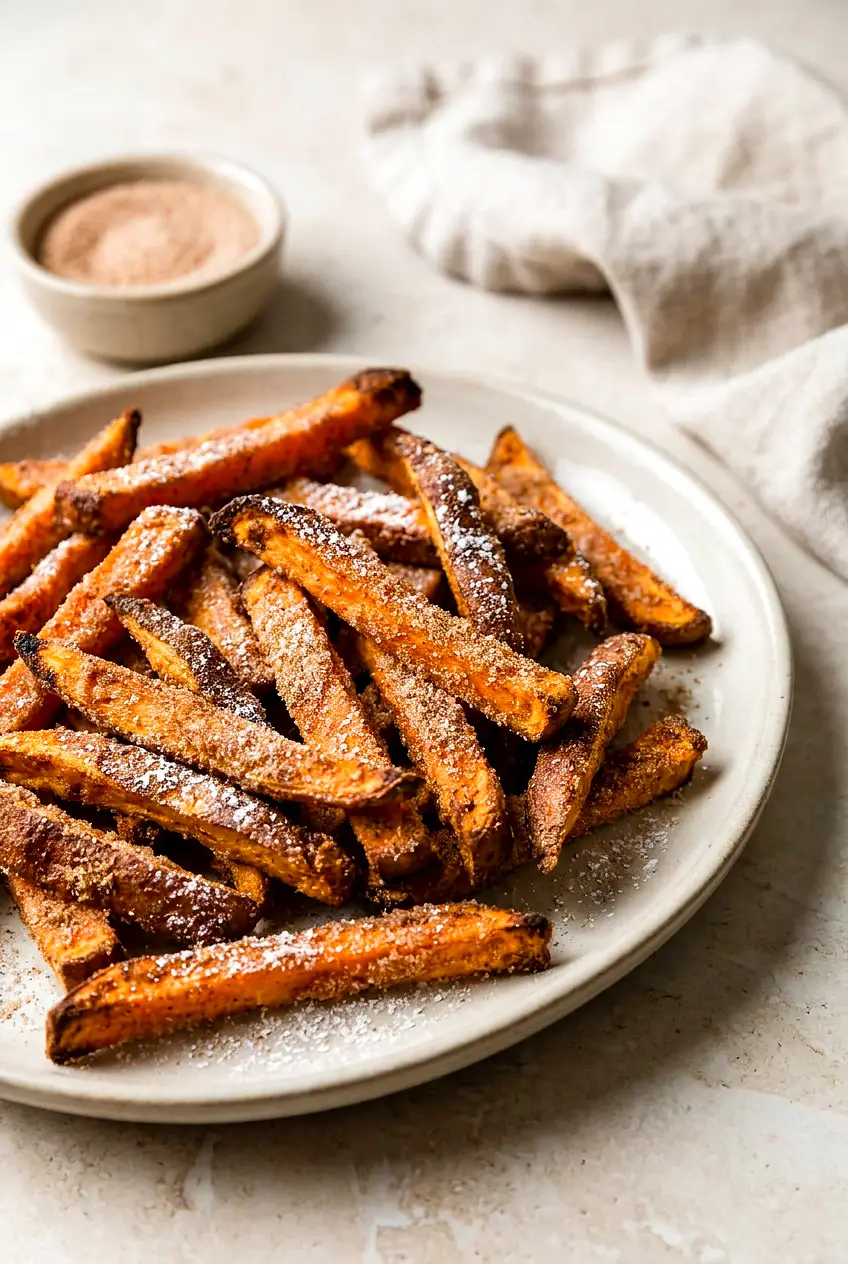 Serving platter of air fryer sweet potato dessert fries with cinnamon-sugar, crisp edges, and a light powdered sweetener dusting.