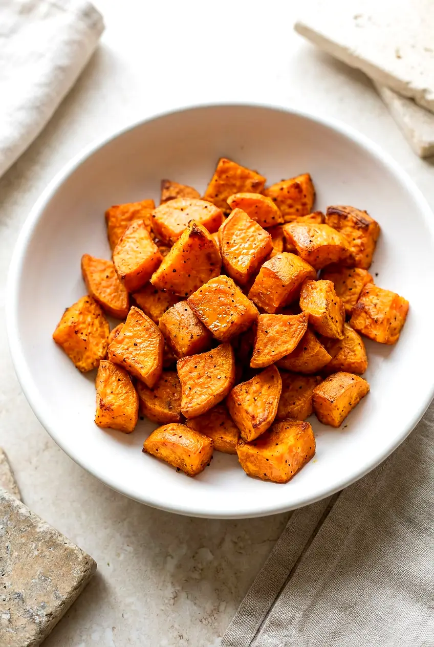 Air fryer sweet potato bites in a shallow white bowl, golden-browned with lightly crisp edges and visible seasoning.